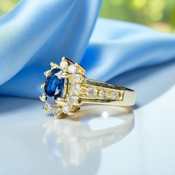 10K Gold- Natural Sapphire & Halo Diamond Ring- Size 5.5 - 1 Carat T.W. -3g - Picture 11 of 16
